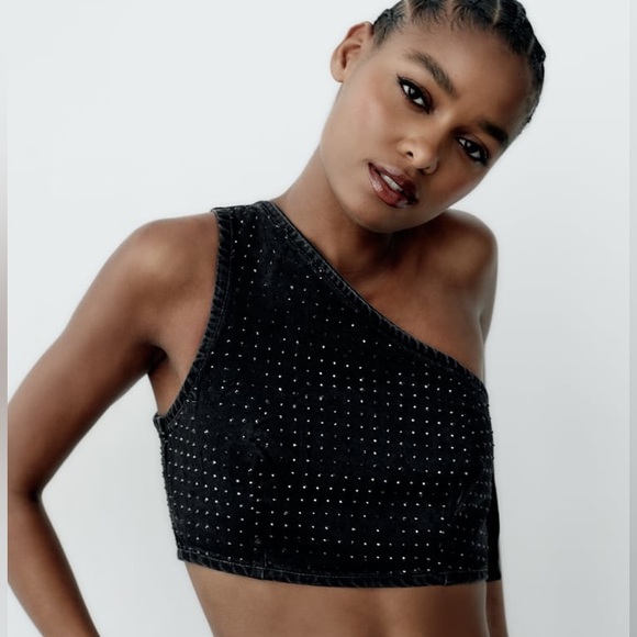 ZARA RHINESTONE TRF DENIM CROP TOP - Picture 1 of 10